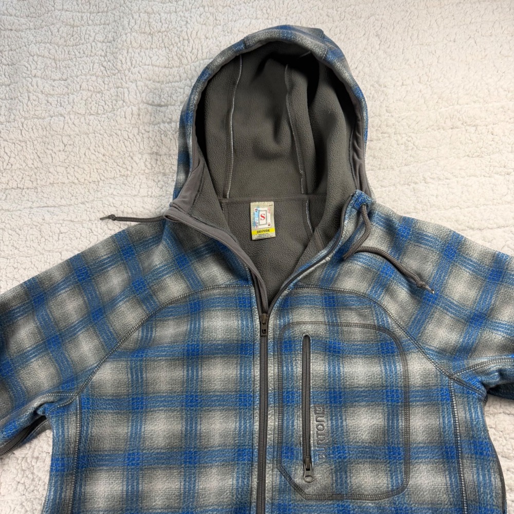 Burton Dryride Mens Small Blue Grey Plaid Fleece Full Zip Hoodie Jacket Pit Zips